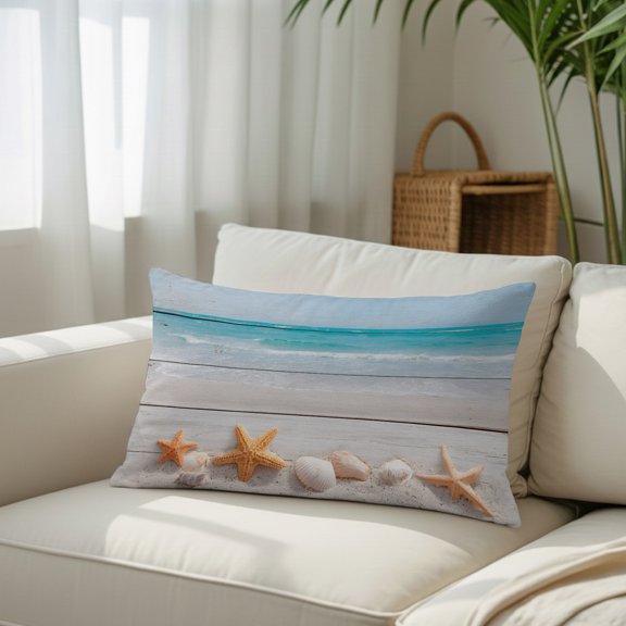 Beach Starfish Seashell Summer Ocean Throw Pillow Covers, Decorative Pillow Covers With Hidden Zipper Soft Brushed Microfiber Fabric, Vintage Wood Board Pillowcases for Couch Bed 12x20in
