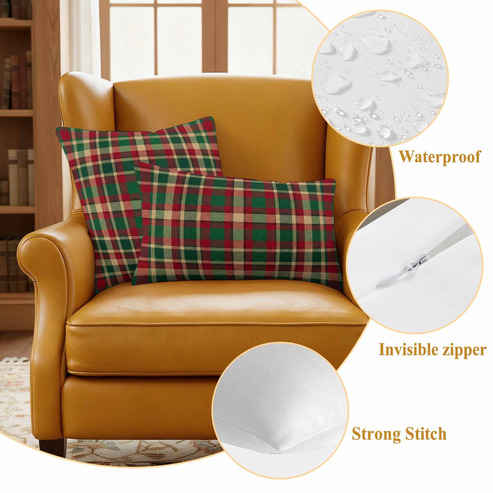 Autumn Plaid Outdoor Waterproof Pillow Covers, Red Green Tartan Gingham Farmhouse Checkered Decorative Square Throw Pillowcase Sofa Cushion Sham for Patio/Couch/Chair, 20"x20" 2 Pack
