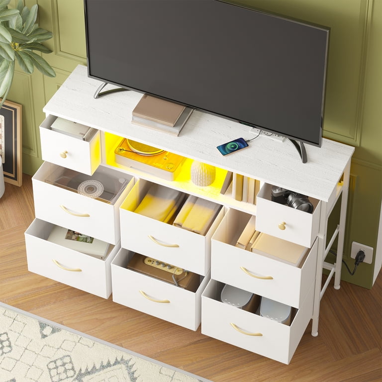 Fairy Dresser, White 55" TV Stand with 8 Drawers, LED & Power Outlets for Bedroom, Living Room, Entryway