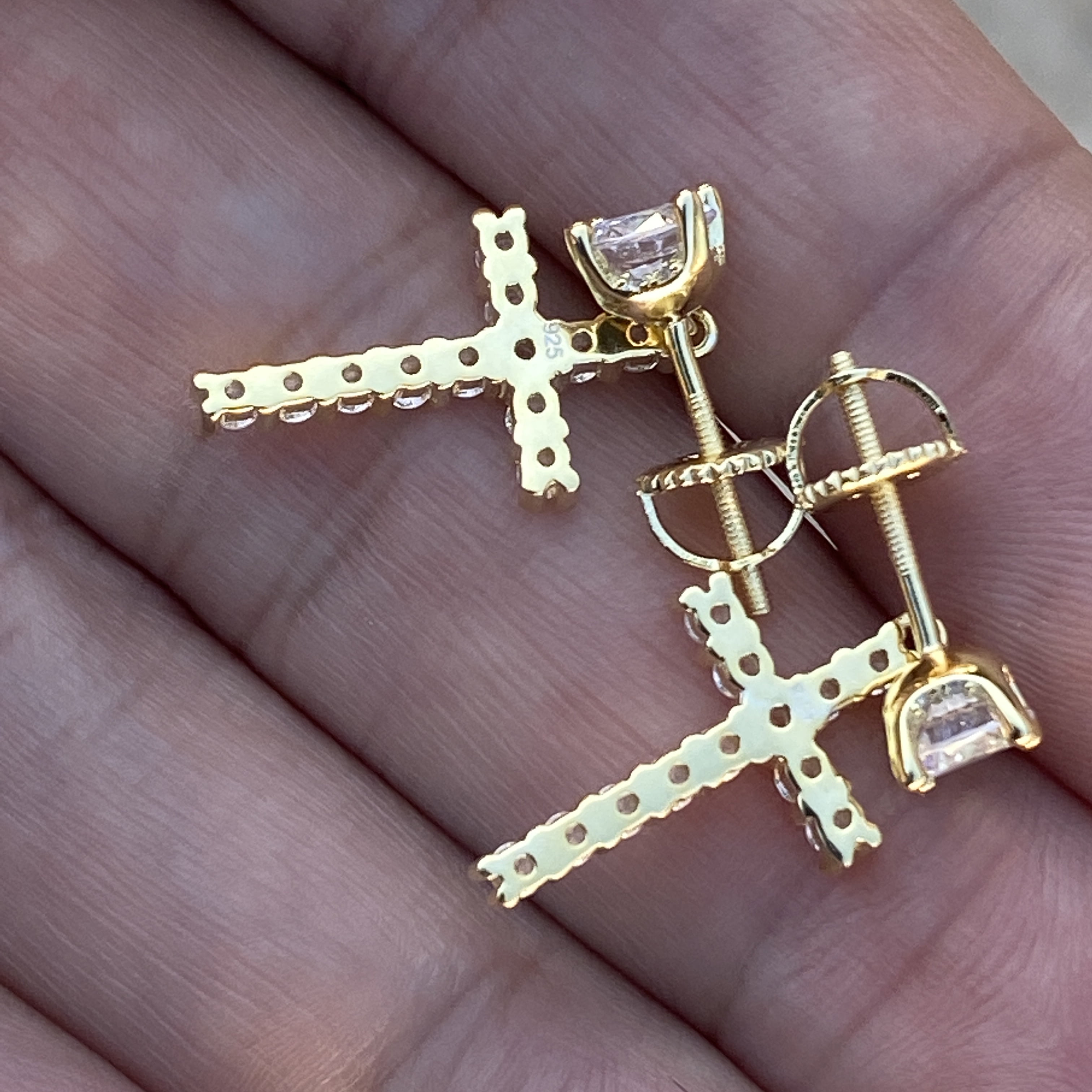 14k Gold Plated over Real Solid 925 Sterling Silver Dangle Cross Bling Studs Iced Hip Hop Screw Back Earrings