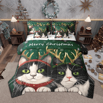 Manfei Kawaii Cat Kitten Bedding Comforter Set 7pcs, Merry Christmas Full Bedding Set, Snowflakes Elk Fitted Sheet Flat Sheet, Lightweight Room Decor