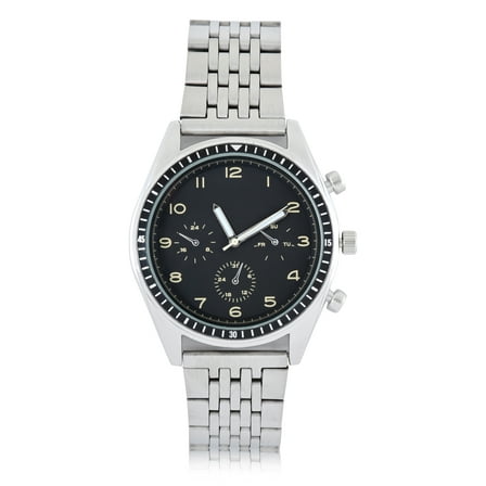 George Men's Silvertone Metal Bracelet Watch with Black Easy Read Faux Chronograph Dial. 50MM