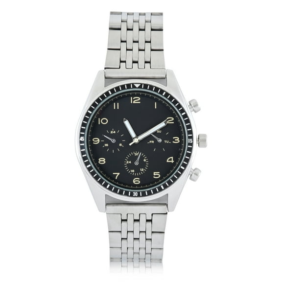 George Men's Silvertone Metal Bracelet Watch with Black Easy Read Faux Chronograph Dial. 50MM