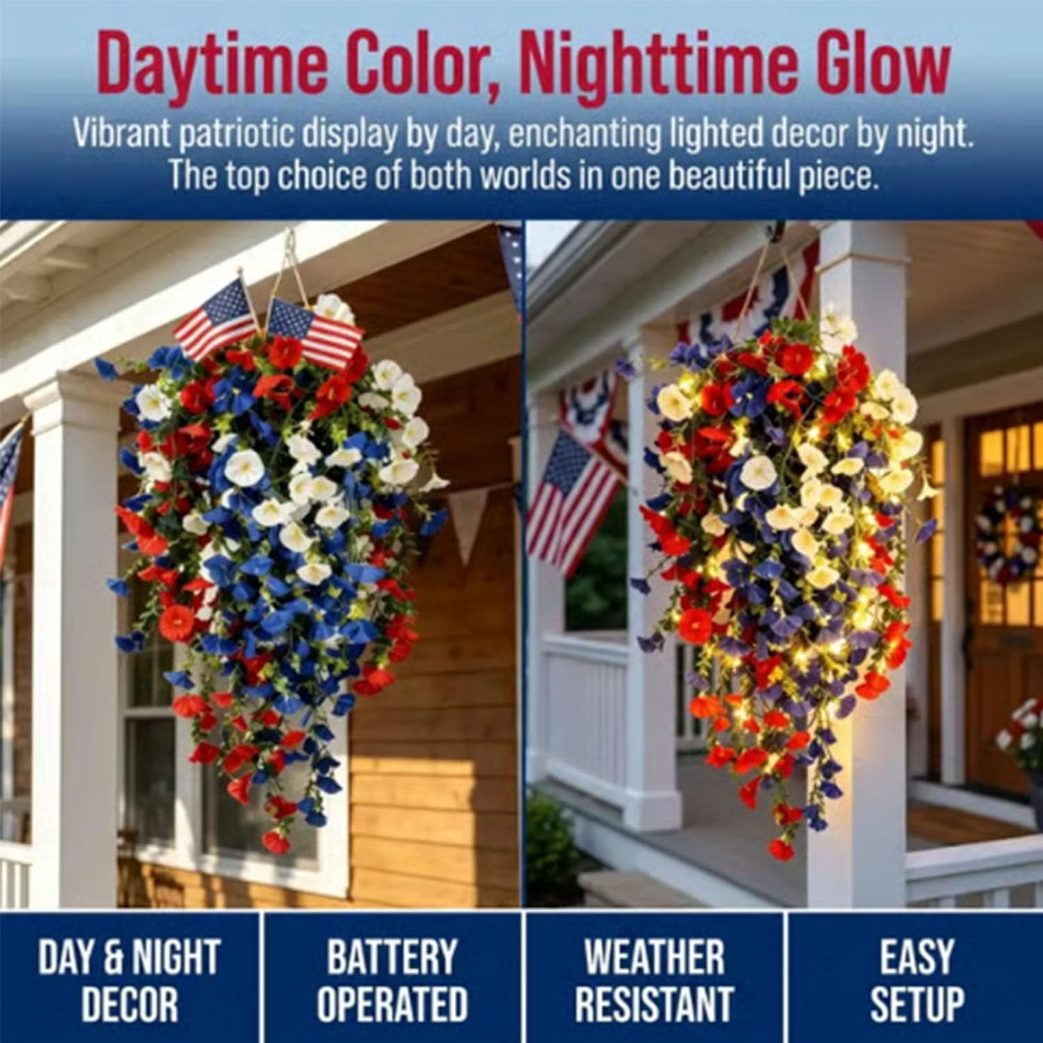 KUNPENG 24" Red White and Blue Artificial Flowers Hanging Basket Faux Floral Plant for 4th of July Veterans Day 250th Anniversary Front Porch Outdoor Patio Home Decorative Objects Decor Accent