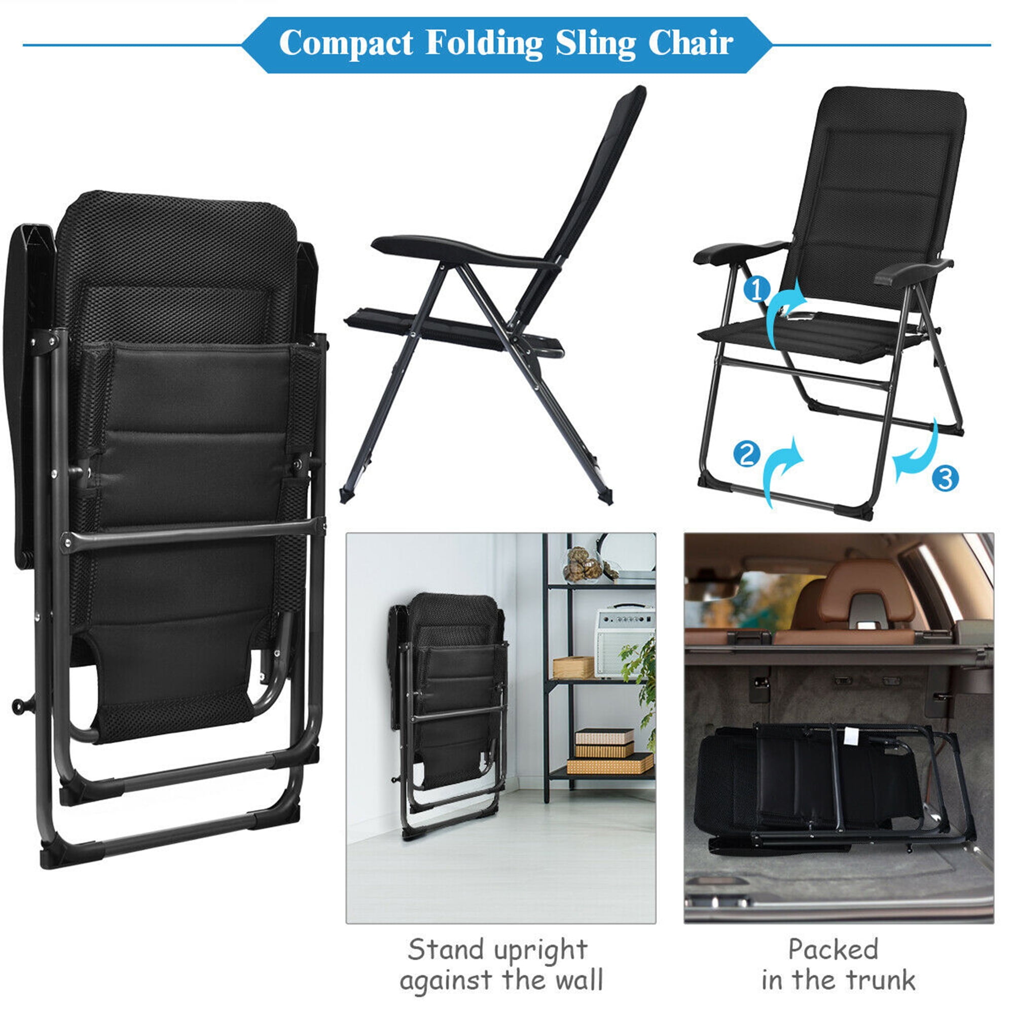 Gymax 2PCS Patio Folding Chairs Back Adjustable Reclining Padded Garden Furniture