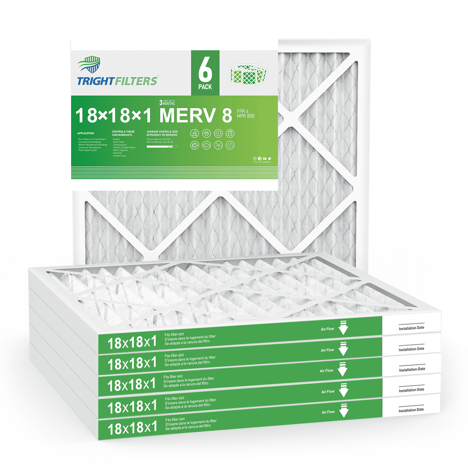 TRIGHTFILTERS 18x18x1 Air Filter MERV 8 Pleated HVAC AC Furnace Filters