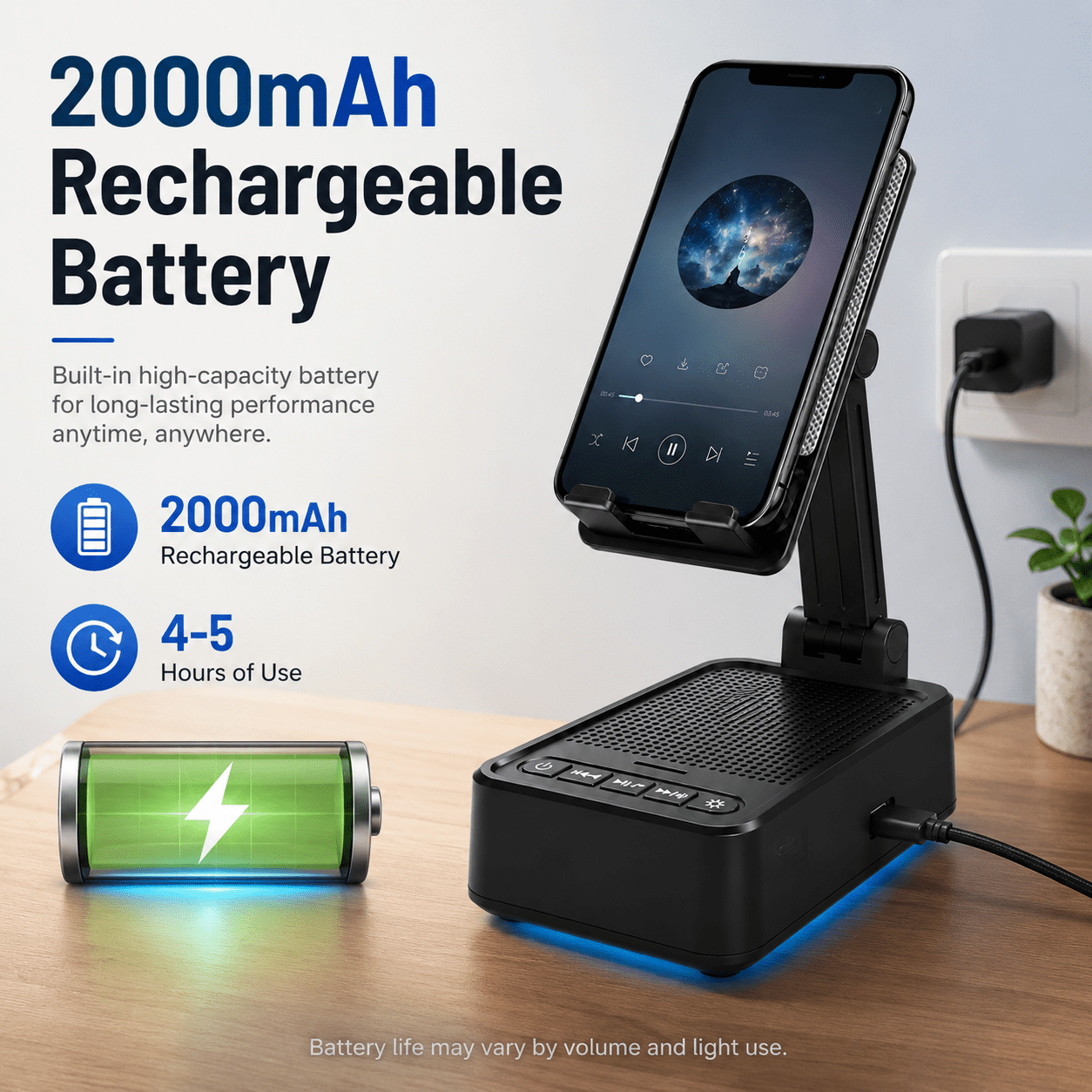 JDMEOPD Foldable Cell Phone and Tablet Stand with Bluetooth Speaker, Night Light, 5W Surround Sound, Black