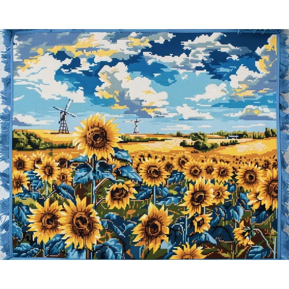Field of Sunflowers Windmill DIY 11CT Stamped Cross Stitch Kits for Beginners Easy Needlepoint Embroidery Counted Cross Stitch Art Craft for Wall Decoration 12x16inch(7)