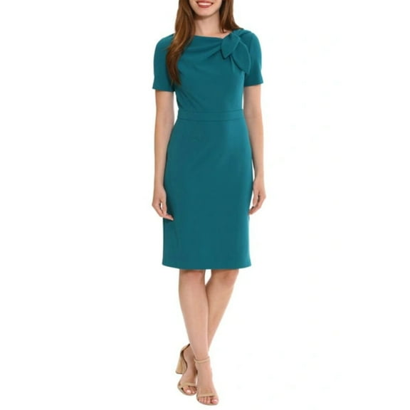London Times Women's Short Sleeve Gathered Neck Tie Sheath Mini Dress-Green / 10