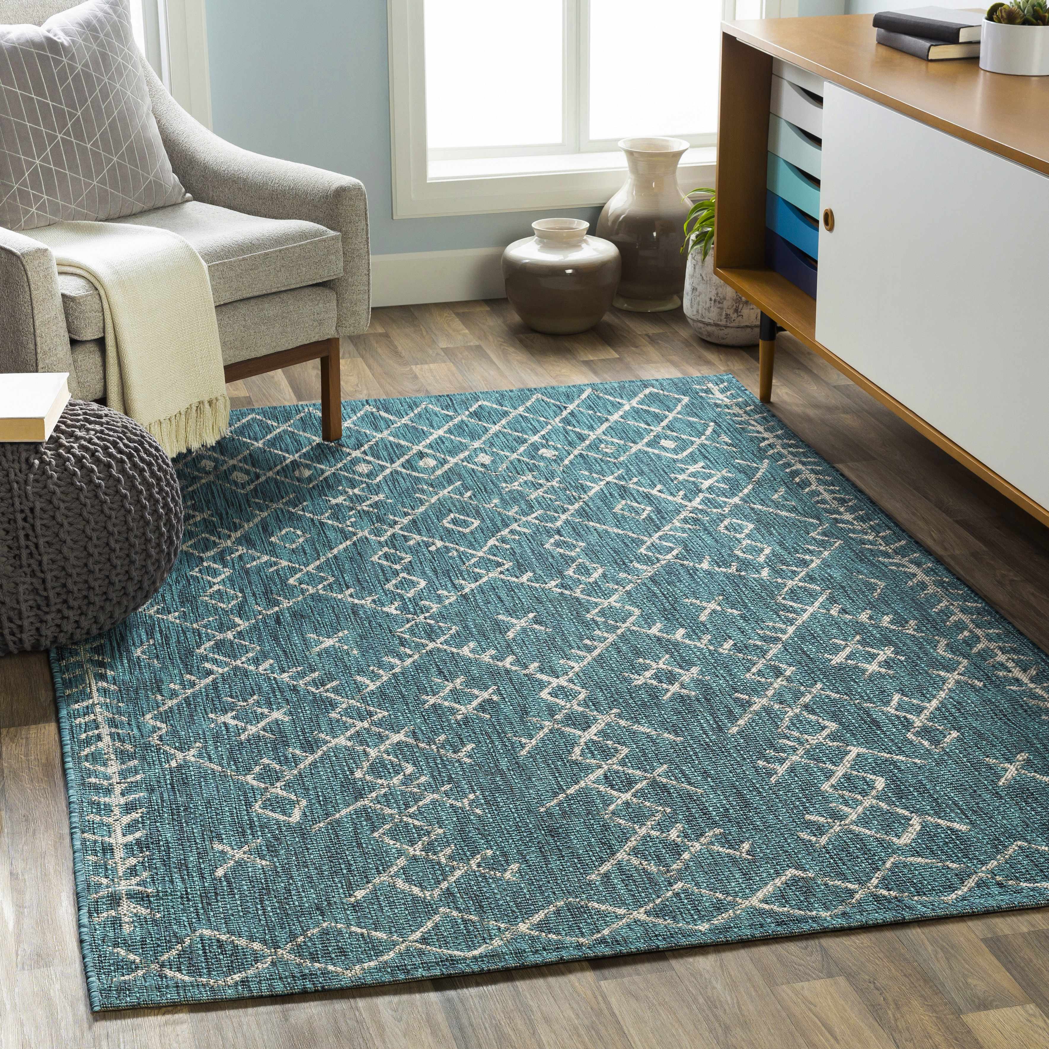 BoutiqueRugs Rapelje Bohemian, Transitional Area Rug - Outdoor Safe - Aqua, Black, Taupe - 2' x 2'11"