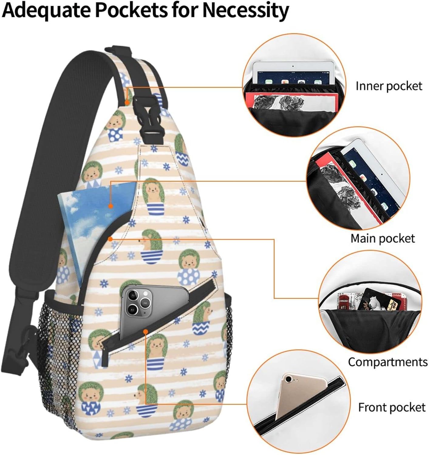 Cactus Hedgehog Sling Bag Crossbody Hiking Travel Chest Bags Backpack Shoulder Daypack for Women Men