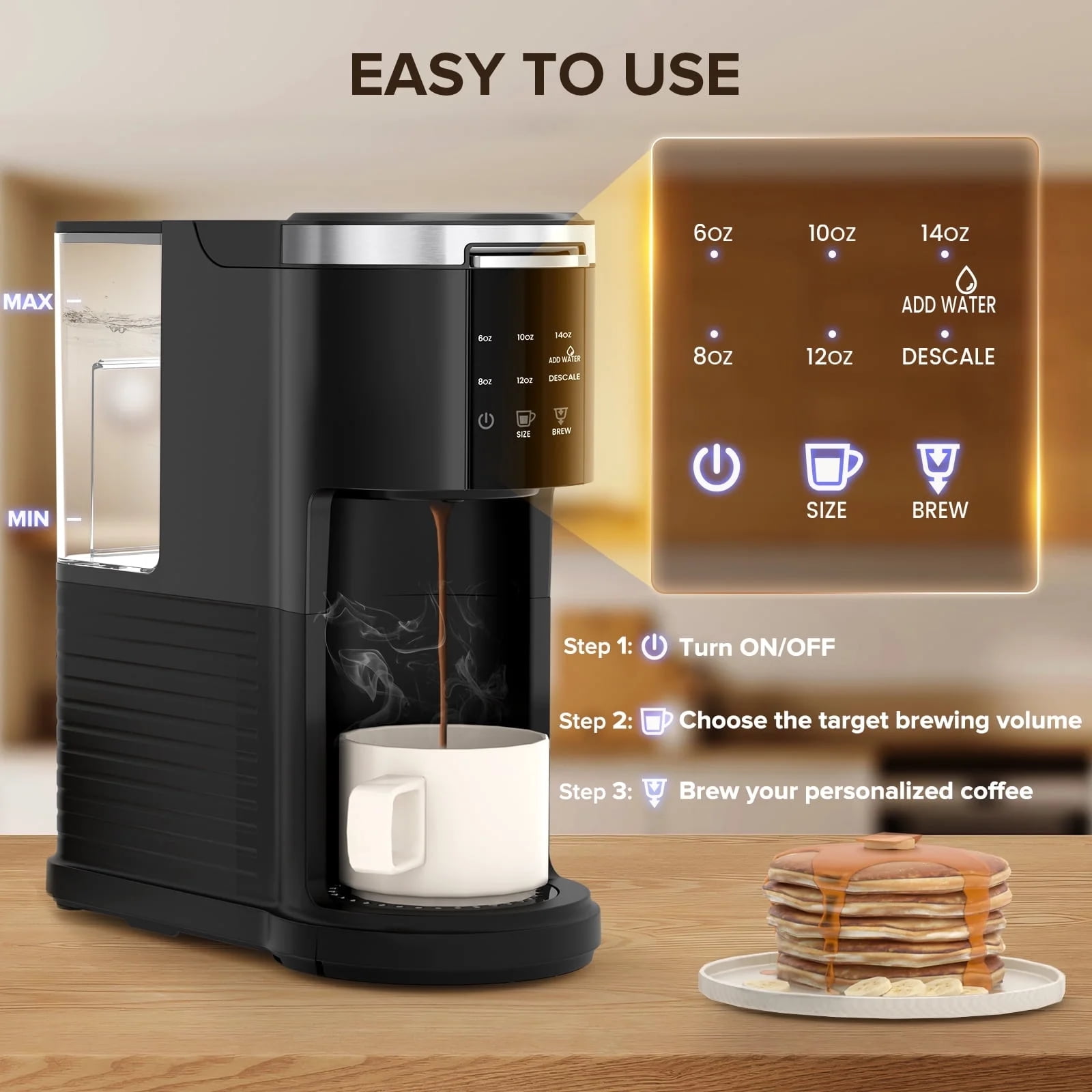 Auseo 2.0 1200W Single Serve Coffee Maker for Capsules and Ground Coffee Compatibility, Fast Heating, 40oz Removable Water Reservoir, Black for Home/Office/RV