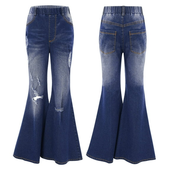 Aislor Kids Girls Elastic Waist Slim Fit Bell Bottom Denim Pants Casual Distressed Ripped Stretch Skinny Flare Jeans