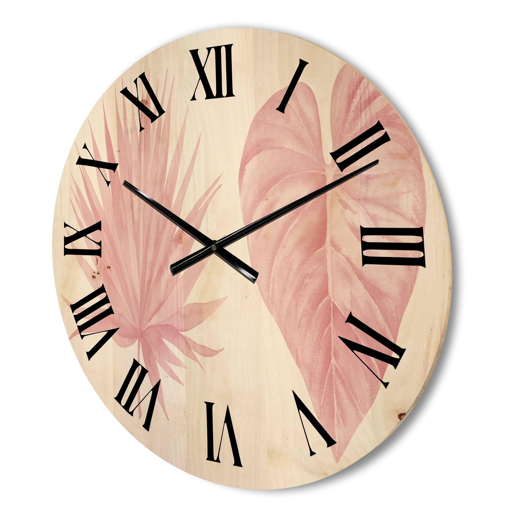 Designart 'Tropical Pink Watercolour Leaves On White II' Shabby Chic Wood Wall Clock