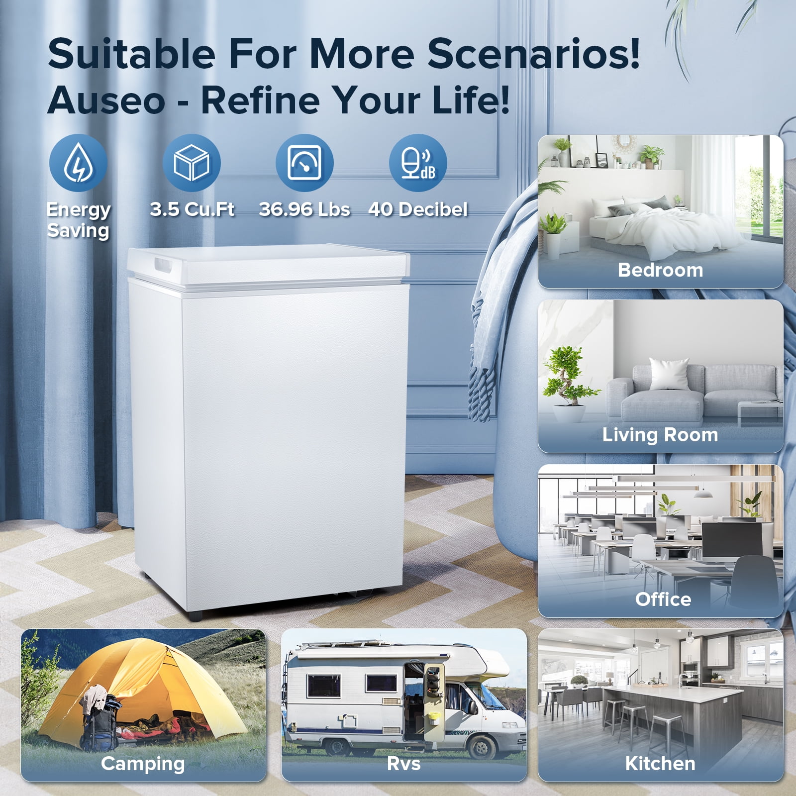 Auseo Mini Freezer Chest 3.5 cu ft, White Deep Freezer & Side Handle, Compact Freezer with 7 Gear Adjustable Temperature, Removable Storage Basket*2, Energy Saving
