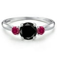 thumbnail image 3 of Gem Stone King 10K White Gold Black Diamond and Red Created Ruby 3-Stone Ring for Women | 1.33 Cttw | Round 6MM | Gemstone April Birthstone | Size 8, 3 of 6