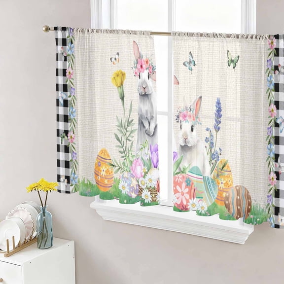 Easter Sheer Curtains 45 Inch Length 2 Panels Set Window Treatments, Country Rabbits Eggs Floral Leaves Butterfly Plaid Rod Pocket Semi Curtains for Living Room/Bedroom/Kitchen Décor, 104"W x 45"L