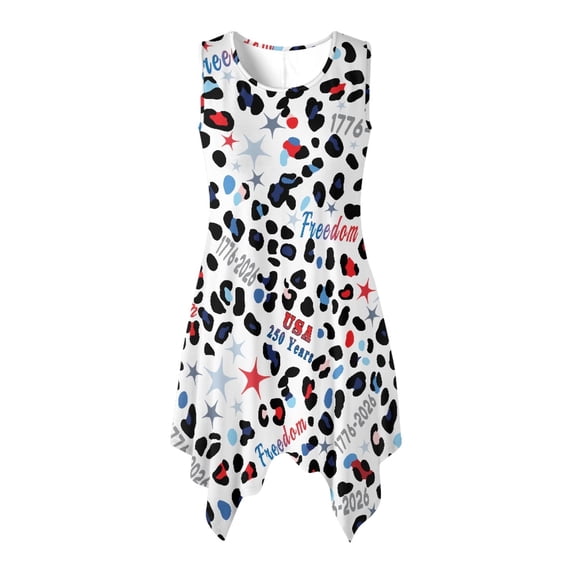 HELLHERO 4th of July Leopard Print Summer Sleeveless Dress, Side Pockets Sleeveless Sundress with Round Neck Asymmetric for Party