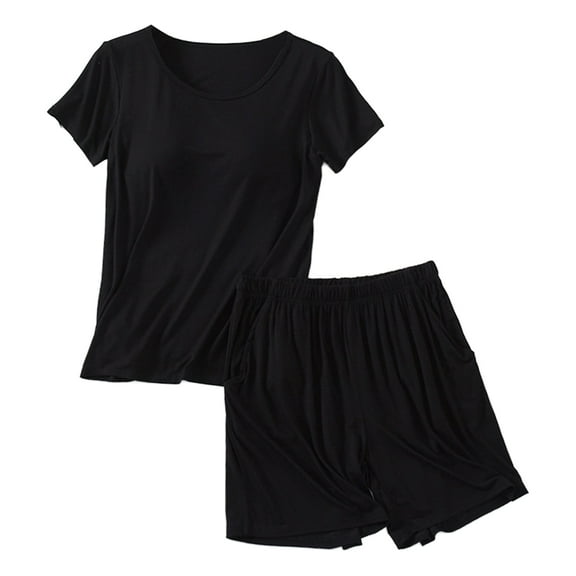 Women's Pajama 2PCS Sets, Soft Solid Color Lounge Sleepwear Short Sleeve Tops with Built in Bra Shorts Outfits Pjs Sets with Pocket, Multicolor, M-3XL