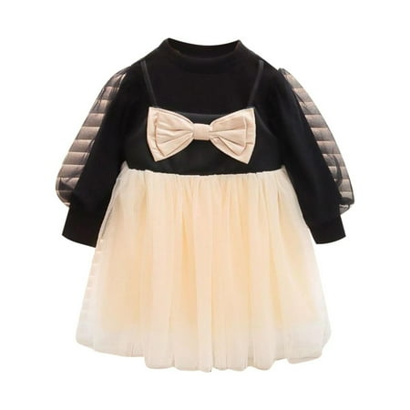 

Summer Dresses For Girls Spring Long Sleeve Round Neck Fashion Bow Mesh Princess Dress For 3-4 Years