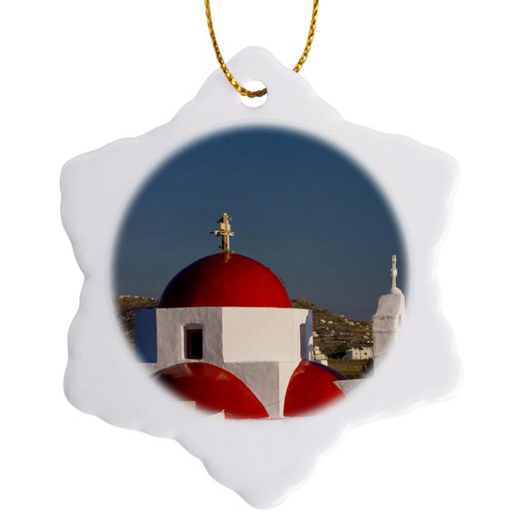 3drose, Greece, Mykonos, Red Dome Church Chapels - Eu12 Dgu0091 - Darrell Gulin, 3 inch Snowflake Porcelain Ornament