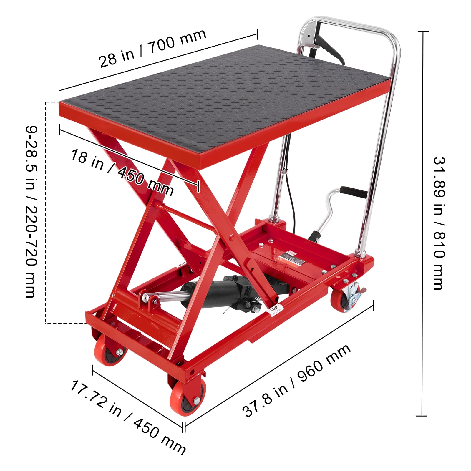 KFFKFF Manual Hydraulic Table Cart, Carrying Capacity of 500lbs, Elevates to 28.5", Single Scissor Design, Equipped with 4 Wheels and Anti-slip Pad, Red Hydraulic Scissor Cart for Material Transport