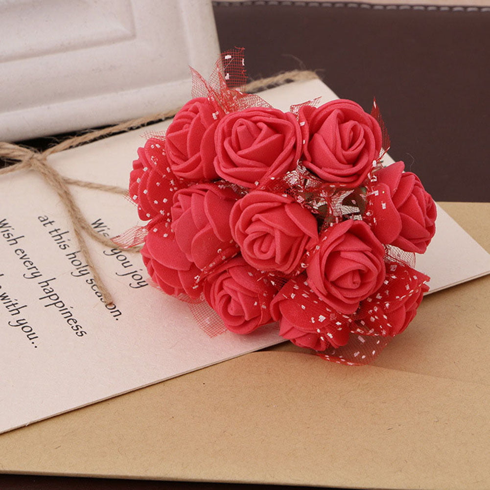 144Pcs/Pack Mini Foam Artificial Rose Flower With Stem Bouquet Wedding DIY Decor 