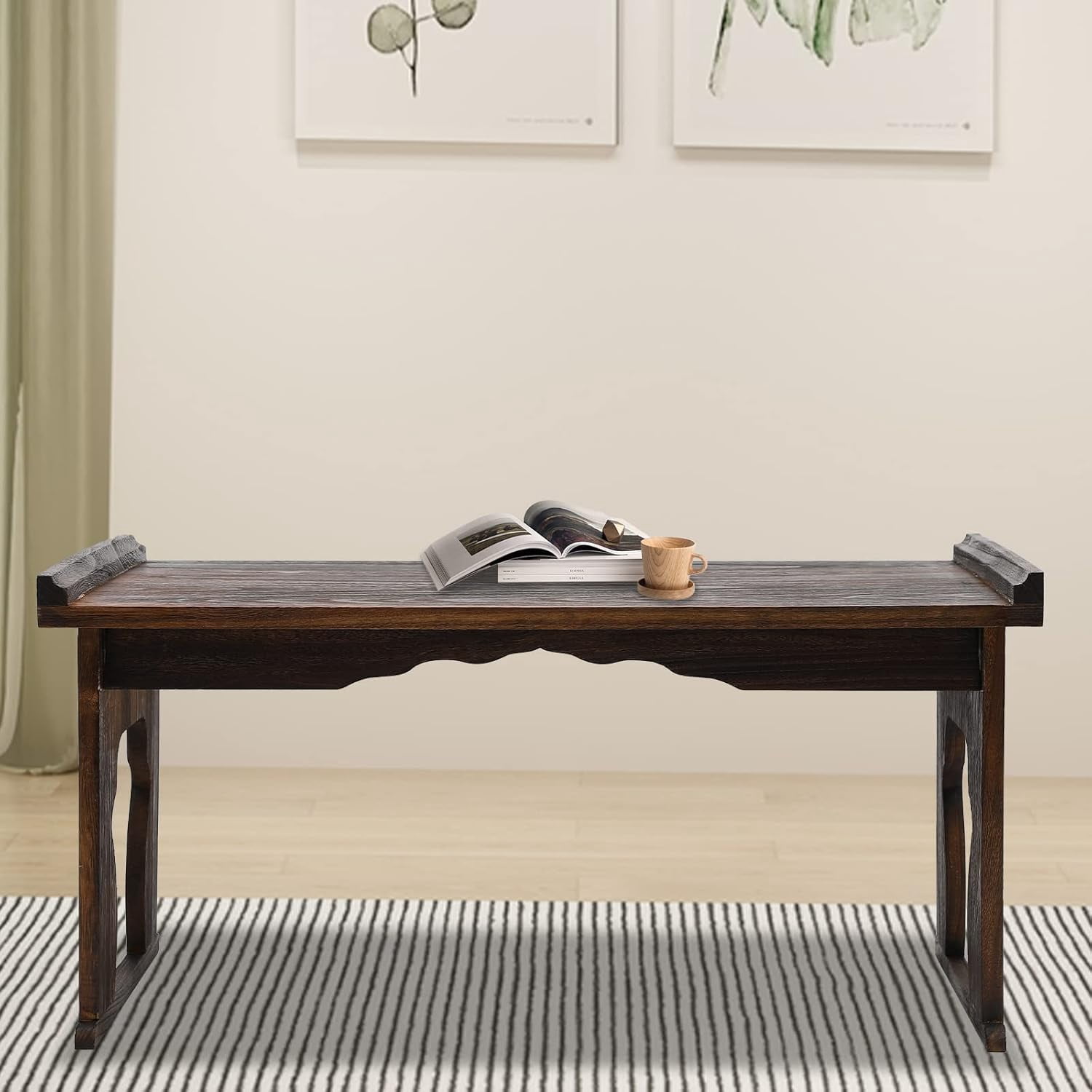 Wood Folding Bed Table Tray Farmhouse Style Bed Laptop Desk with Foldable Legs Rustic Wooden Floor Table Portable Serving Tray for Home Eating Breakfast Tea & Coffee 31.5" x 17.72" x 15.75",
