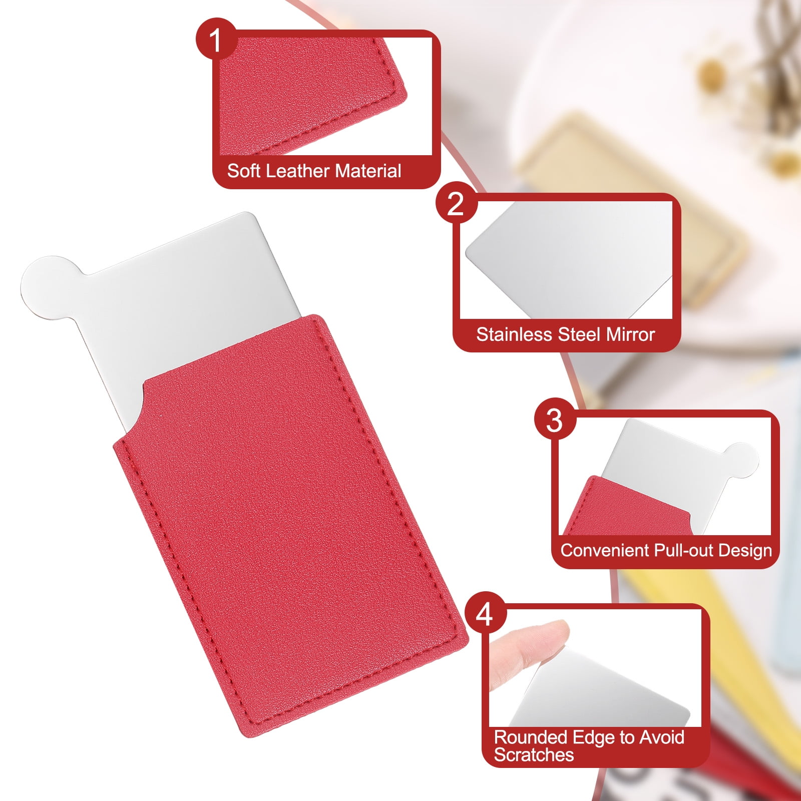 Unique Bargains Small Pocket Mirror Purse Stainless Steel PU Leather Gift Red