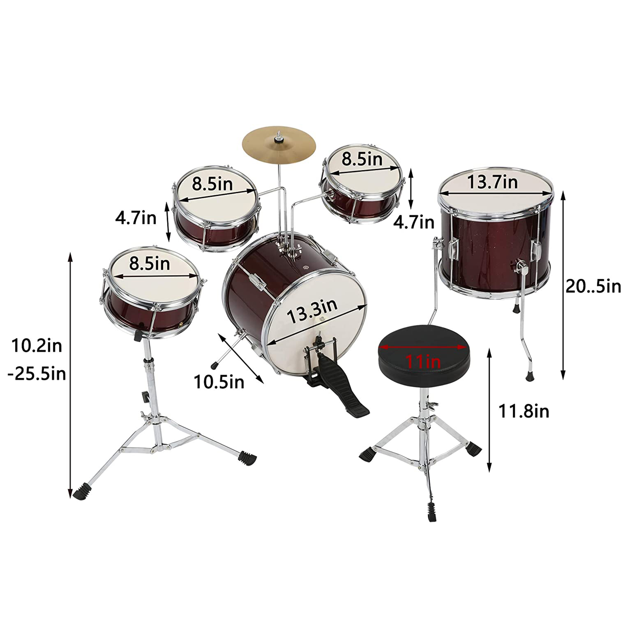 KARMAS PRODUCT Kids Drum Set 5-Piece Junior Musical Instrument Beginner Kit with 14" Bass, Adjustable Throne, Cymbals, Pedals, Drumsticks - image 4 of 7