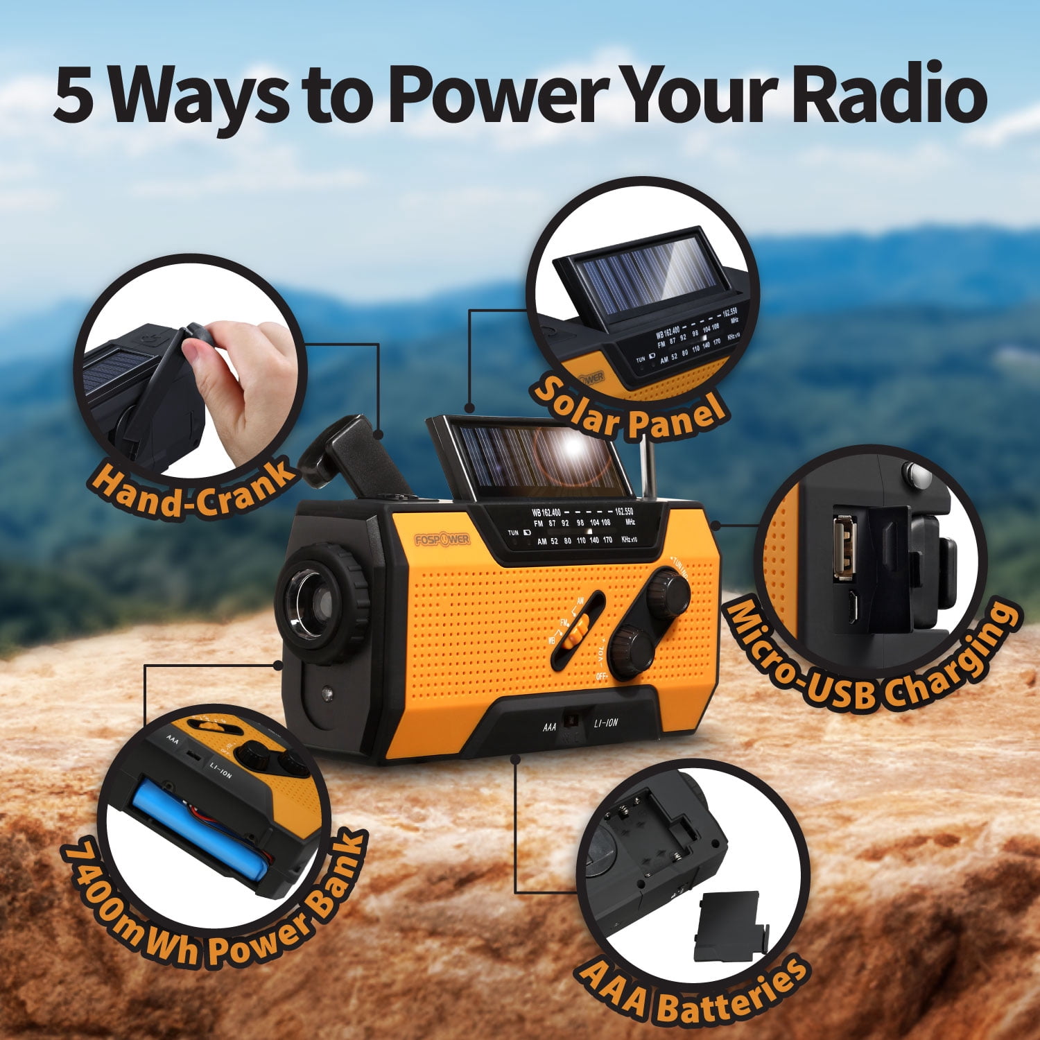 FosPower Emergency Solar Crank Portable Radio with LED Flashlight & USB Port, Orange/Black