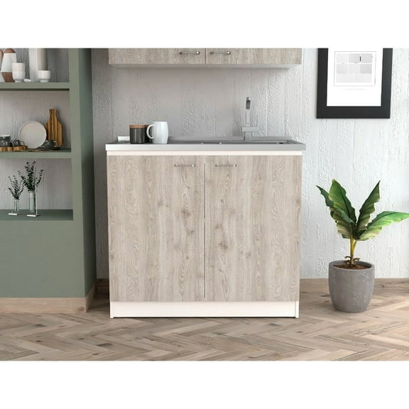 Sink Cabinet For Kitchen, Double Door With One Shelf, Oak/ Gray, Stainless Steel, Easy To Install, Particle Board Construction Modern Kitchen Cabinet, And Assembly, Built