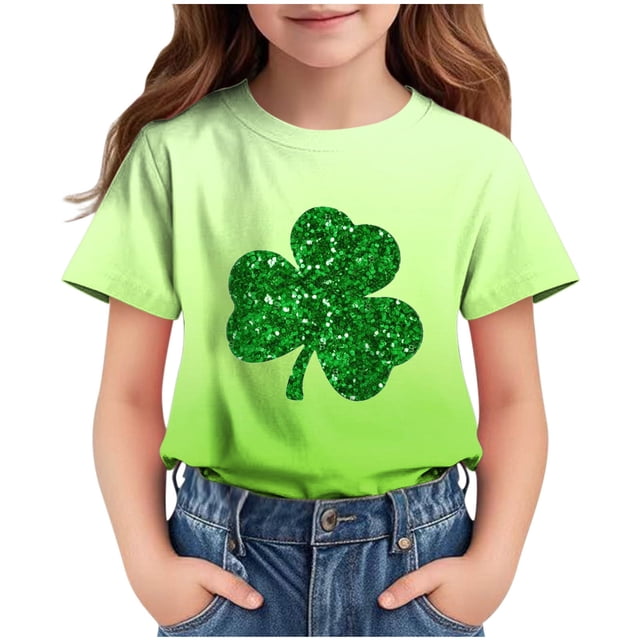T-Shirt Imprimé de la Saint-Patrick pour Enfants, Col Rond à Manches Courtes, 95 % Polyester 5 % Élasthanne, Tissu Doux et Respirant, Tenue Décontractée pour Garçons et Filles de 3 à 14 Ans
