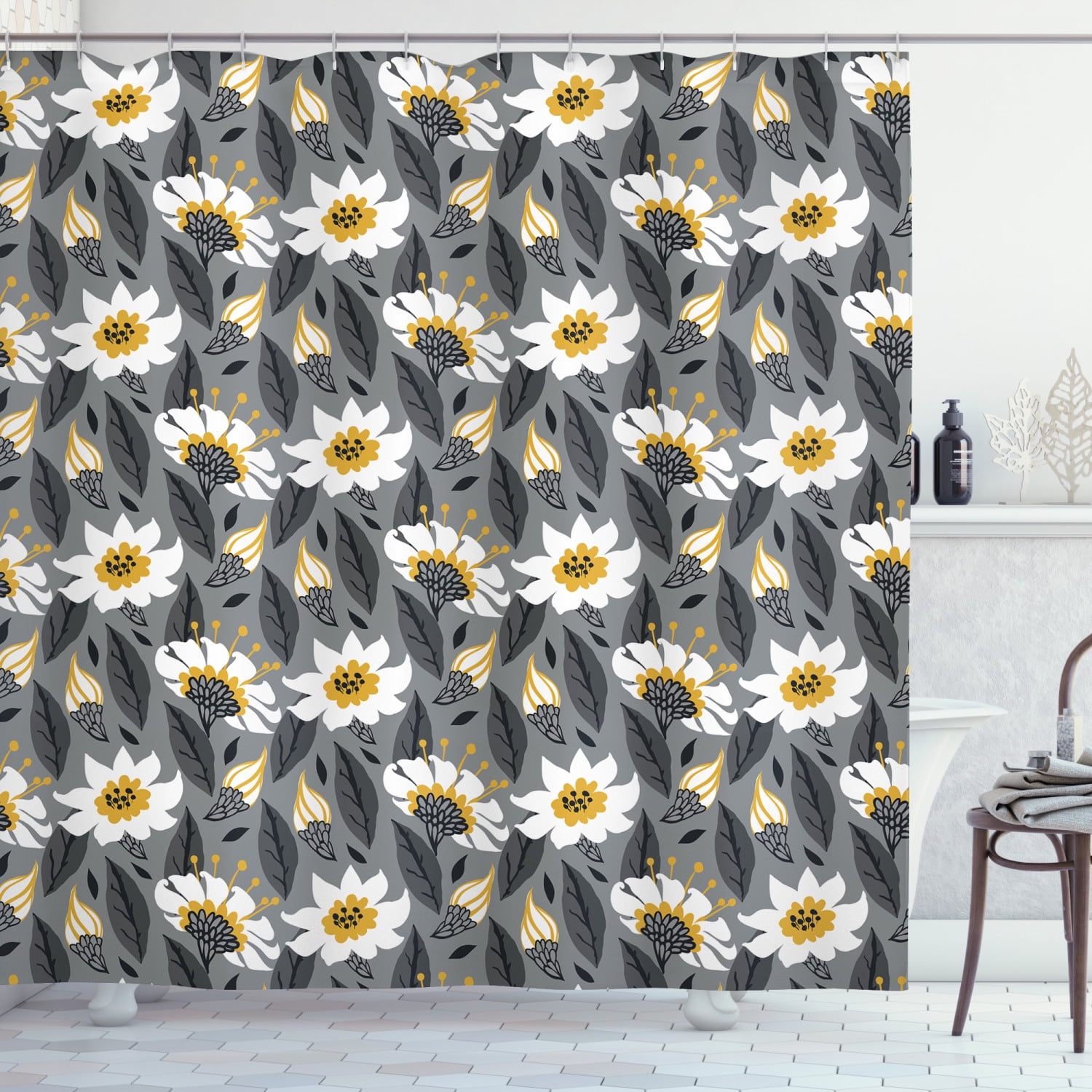 Yellow Wild chrysanthemum Shower Curtain Liner Bathroom Mat Polyester Fabric Set 
