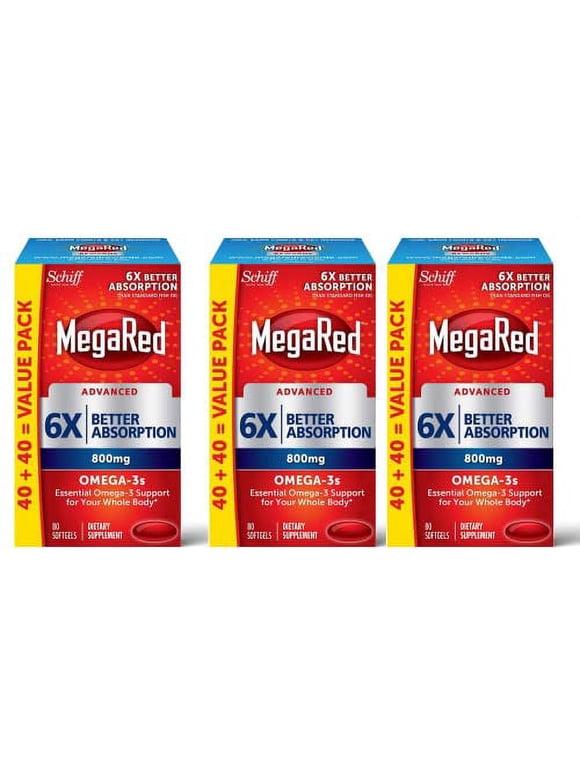 Omega 3 Fish Oil Supplement 800mg (per Serving), MegaRed Advanced 6X Absorption EPA & DHA Omega 3 Fatty Acid Softgels (80cnt Box), Phopholipids, Supports Brain Eye Joint & Heart Health- 3 Pack