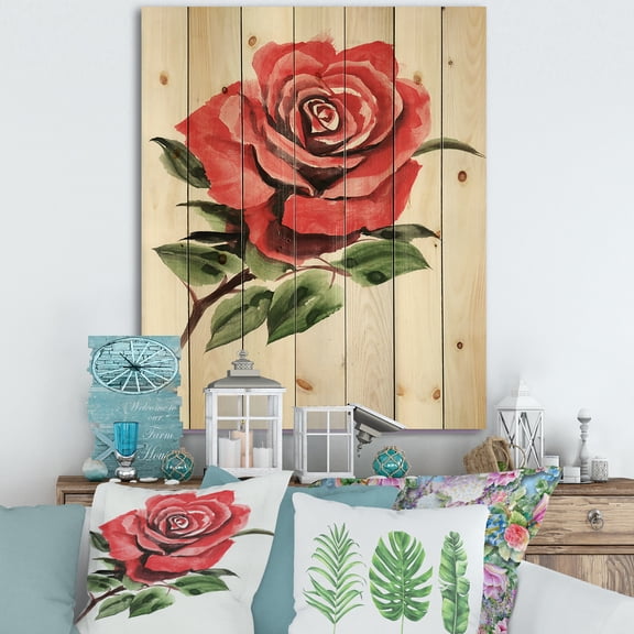 Designart 'Ancient Red Rose Flower III' Traditional Print on Natural Pine Wood