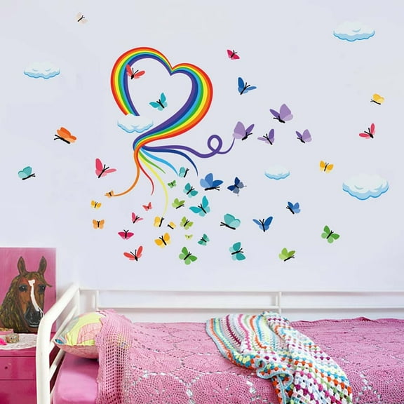 Rainbow Wall Decals Colourful Butterflies Cloud Wall Stickers Nursery Large Rainbow Wall Art DIY Vinyl Murals Peel and Stick Wall Decoration for Bedroom Living Room Room