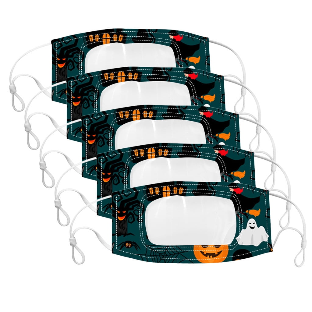 5pc halloween print face mask with clear vinyl mouth