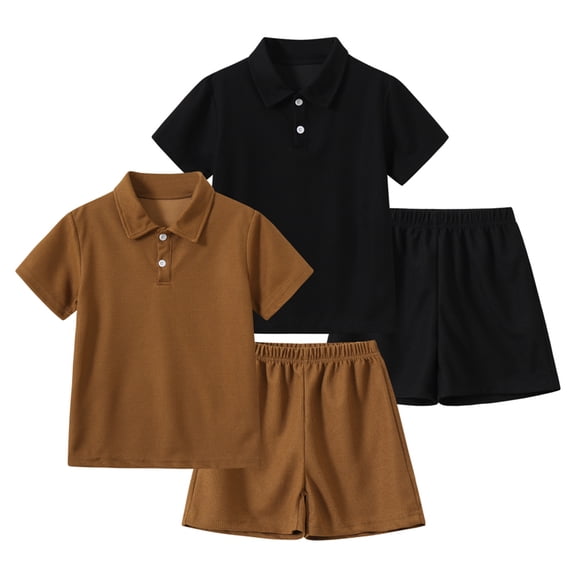 Fdqin Boys Summer Clothes 4 Pcs Button Down Waffle Texture Short Sleeve Shirt and Shorts Sets Beach Vacation Outfit Brown Black 3-4 Years