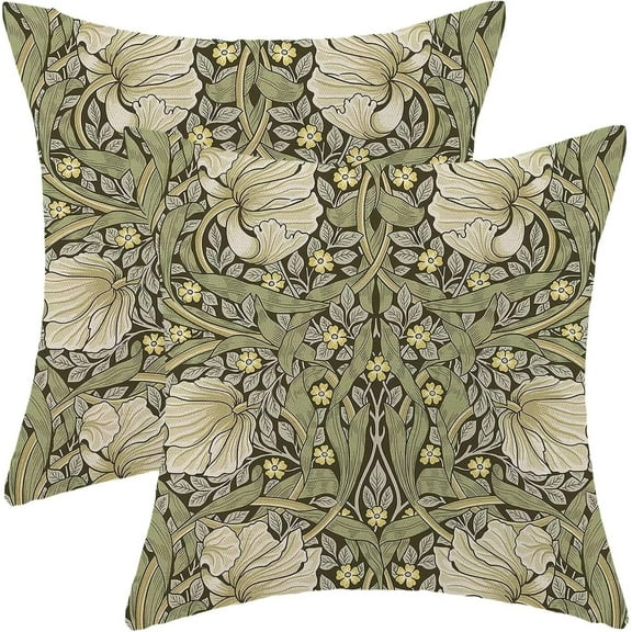 Spring Throw Pillow Covers 20x20 Set of 2, Sage Green Print Linen Decorative Pillow Covers Botanical Floral Outdoor Cushion Cover Vintage Flower Pillowcase for Sofa Couch Farmhouse Room