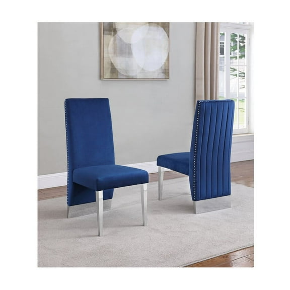 Navy Tufted Velvet Accent Side Chairs with Silver Chrome Detailing (Set of 2)