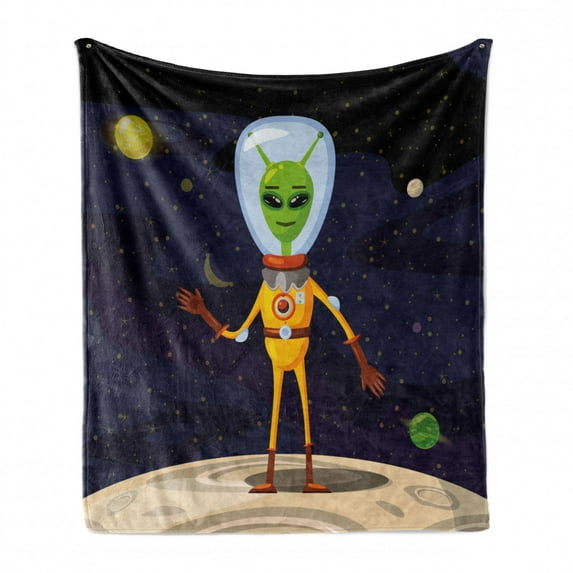 Alien Soft Flannel Fleece Throw Blanket, Ufo Cartoon of Funny Creature in Spacesuit Standing on the Moon and Space Backdrop, Cozy Plush for Indoor and Outdoor Use, 50" x 60", Multicolor, by Ambesonne