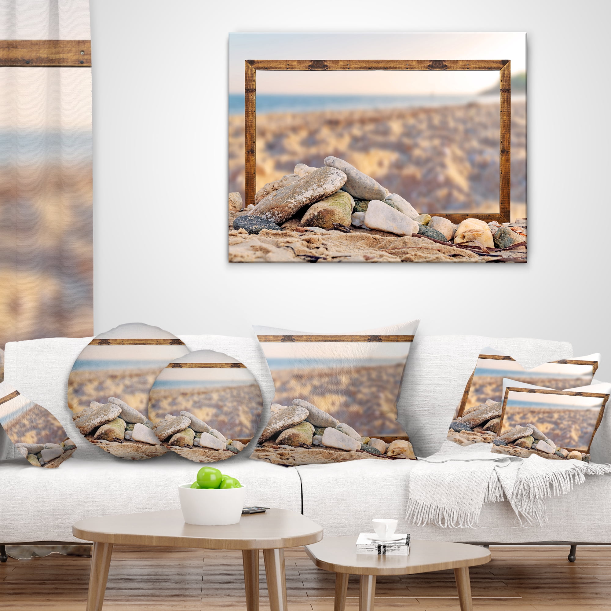 Designart Framed Effect Blurred Seashore - Landscape Printed Throw Pillow - 18x18