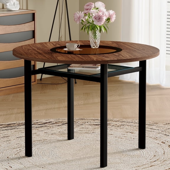 NYEESS 42 Inch Round Wood Grain Dining Table for 4-6, Modern MDF Kitchen Table with Built-in Glass Panel & Storage Shelf, Sturdy Black Metal Legs, Space-Saving Furniture