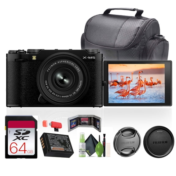 Fujifilm X-M5 Mirrorless Digital Camera with XC 15-45mm f/3.5-5.6 OIS PZ Lens Kit (Black) Bundle With 64GB Memory Card   Cleaning kit   Travel Bag   More