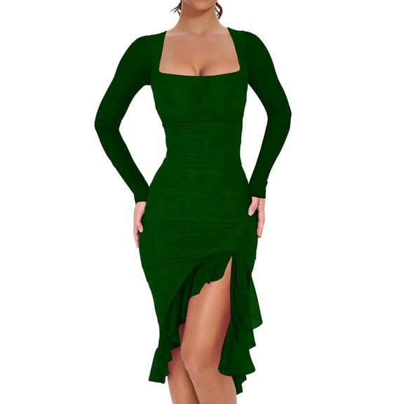 Women'S Ruched Bodycon Midi Dresses Elegant Mesh Long Sleeve Square Neck Ruffle Hem Cocktail Party Dress Dark Green S