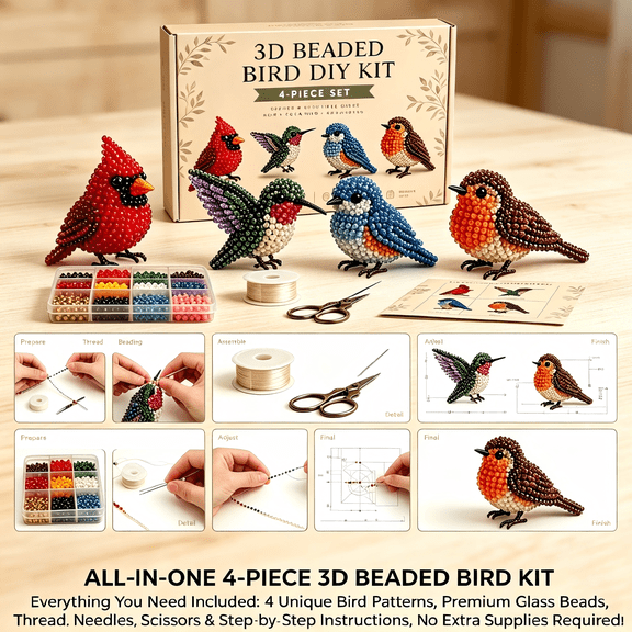 3D Beaded Animal DIY Kit - Mini Bead Embroidery Set, Easy 3D Beading for Beginners & Adults, Cute Handicraft Arts and Crafts Gift, Pony Bead Kit for Home Decor
