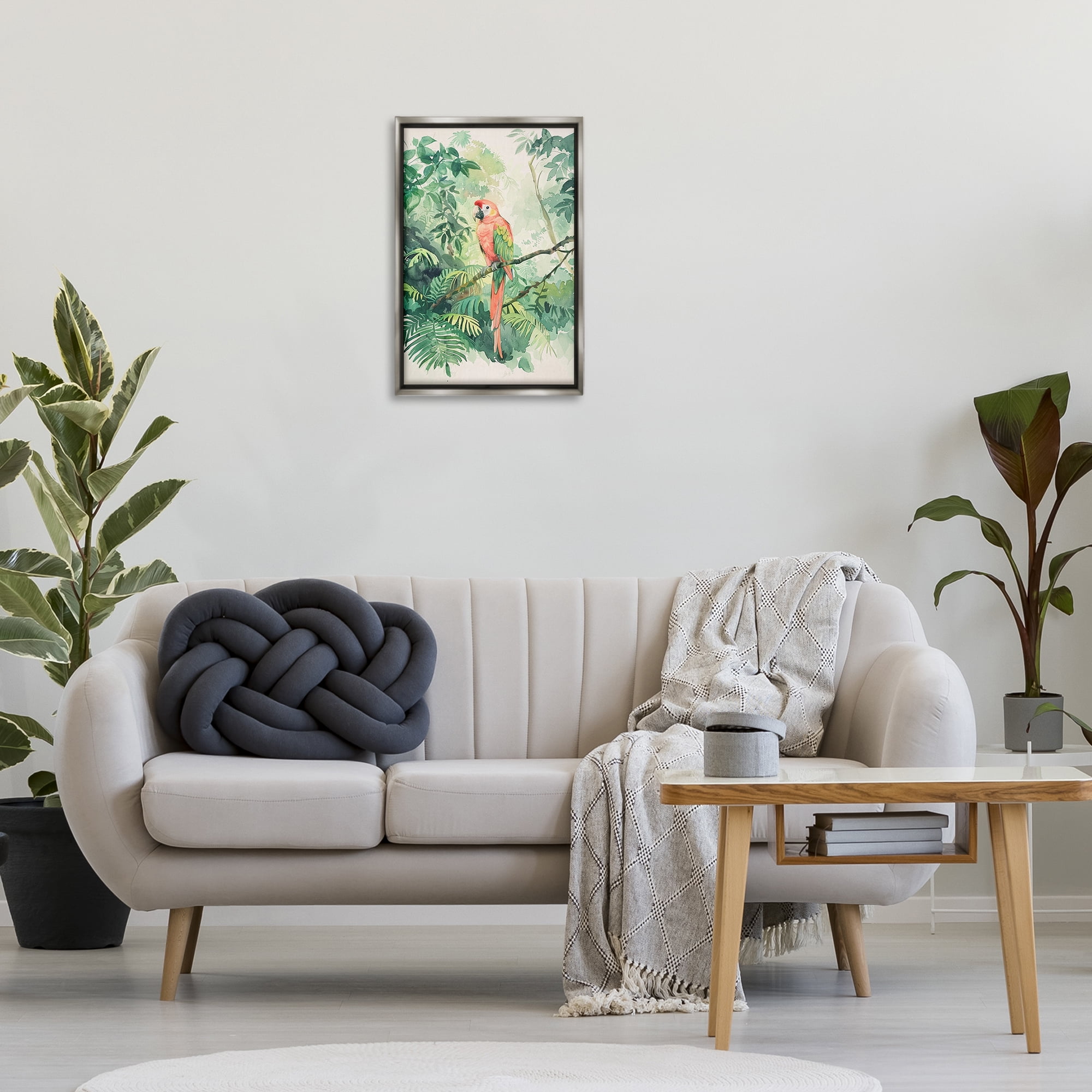 Stupell Industries Pink Parrot in Jungle Animals Painting Gray Floater Framed Canvas Art Print Wall Art, 17 x 25
