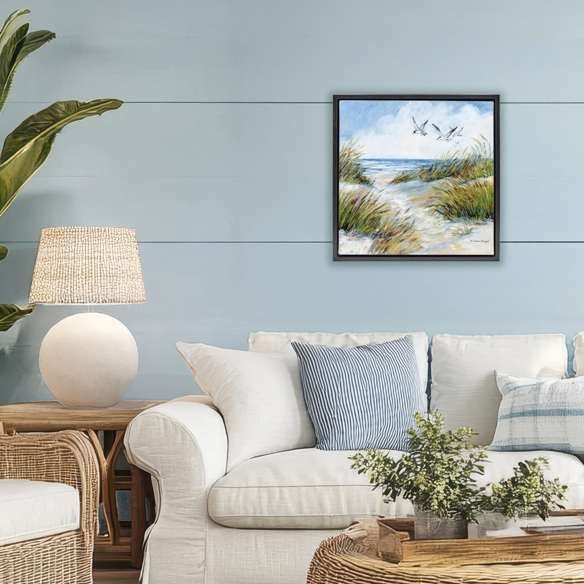 Stupell Industries Beach Path Seagulls Overhead Black Framed Floater Canvas Wall Art, design by Susan Winget
