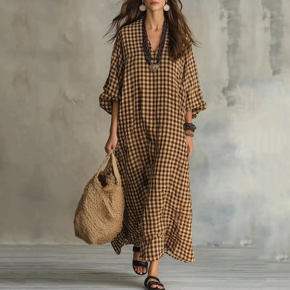 Guieoi Womens Dresses Plus Size Checkered Casual Loose-Fit V-Neck Maxi Beach Dress Yellow S